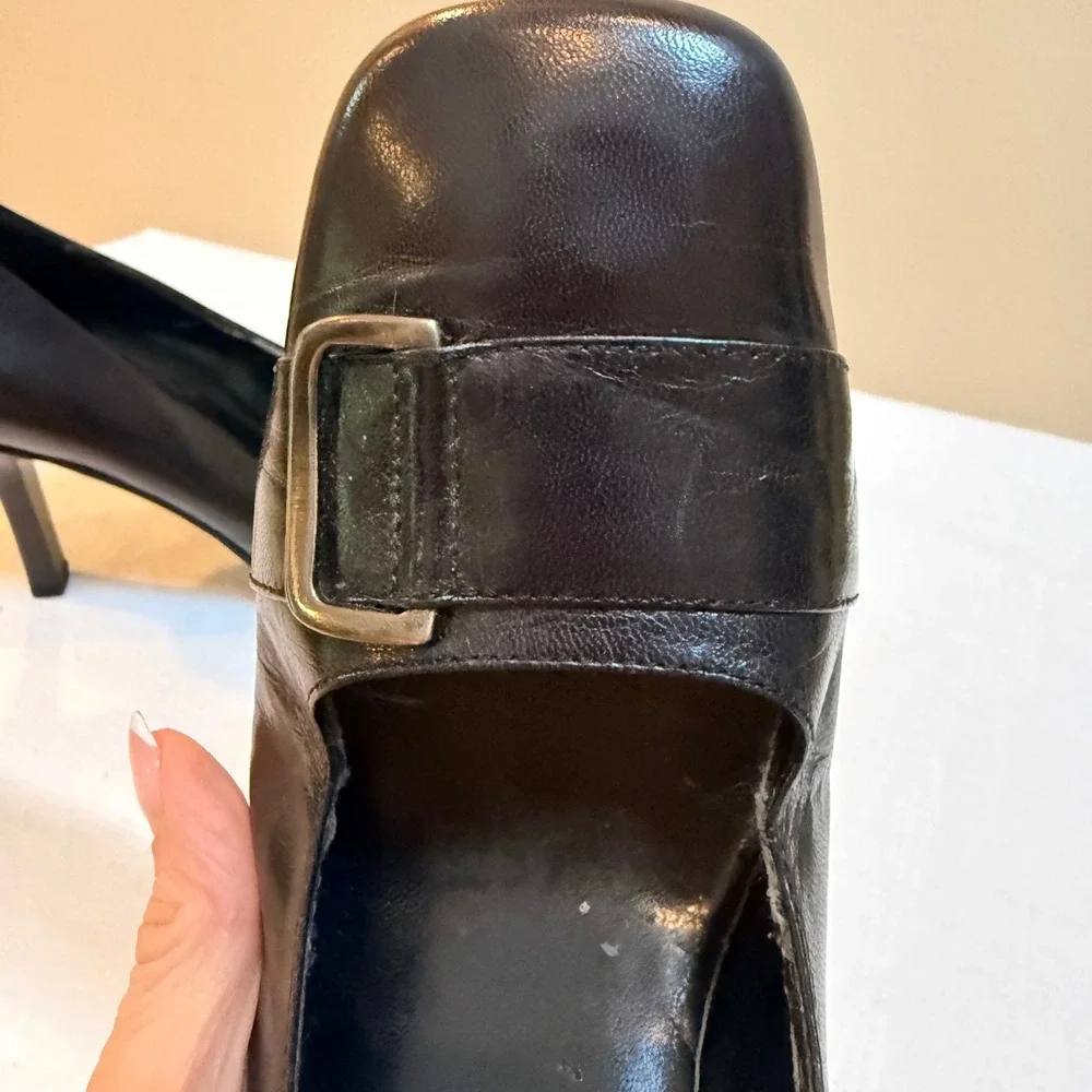 Bandolino Flawless Pumps 7M Black Leather Square Toe Buckle Stiletto Heels
